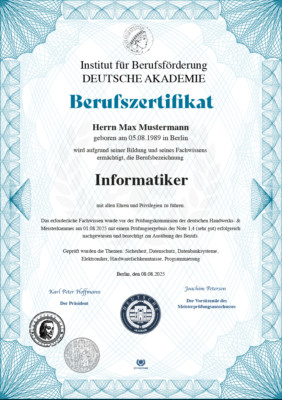 Berufszertifikat, Premium Urkunde, Titel, personalisiert   fälschungssicher  