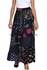 Blue Vintage Indian Rayon Patchwork Hippy Gypsy Boho Maxi Women Long Skirt