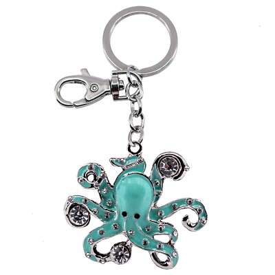 Bejeweled Enameled Metal Octopus Key Chain Ring Bag Clip New!