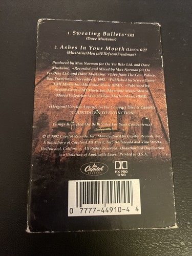 Megadeth - Sweating Bullets / Ashes in Your Mouth (Live) 1992 Cassette Single VG - Picture 2 of 7
