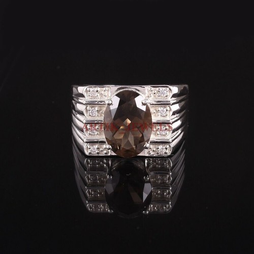 Natural Smoky Quartz with 14K White Gold Plated Silver Ring for Men's #3553 - Picture 4 of 12