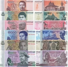 Cambodia 6 PCS Set: 100 to 5000 Riels (2014/2022) - p65 to p-70, UNC