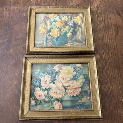 Vintage Pair Of Floral Flowers Prints Gold Framed Approx. 9  x 11 