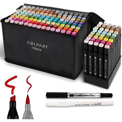 Professionelles Alkoholmarker Set mit Pinsel- & Keilspitze: 120 lebendige Farben