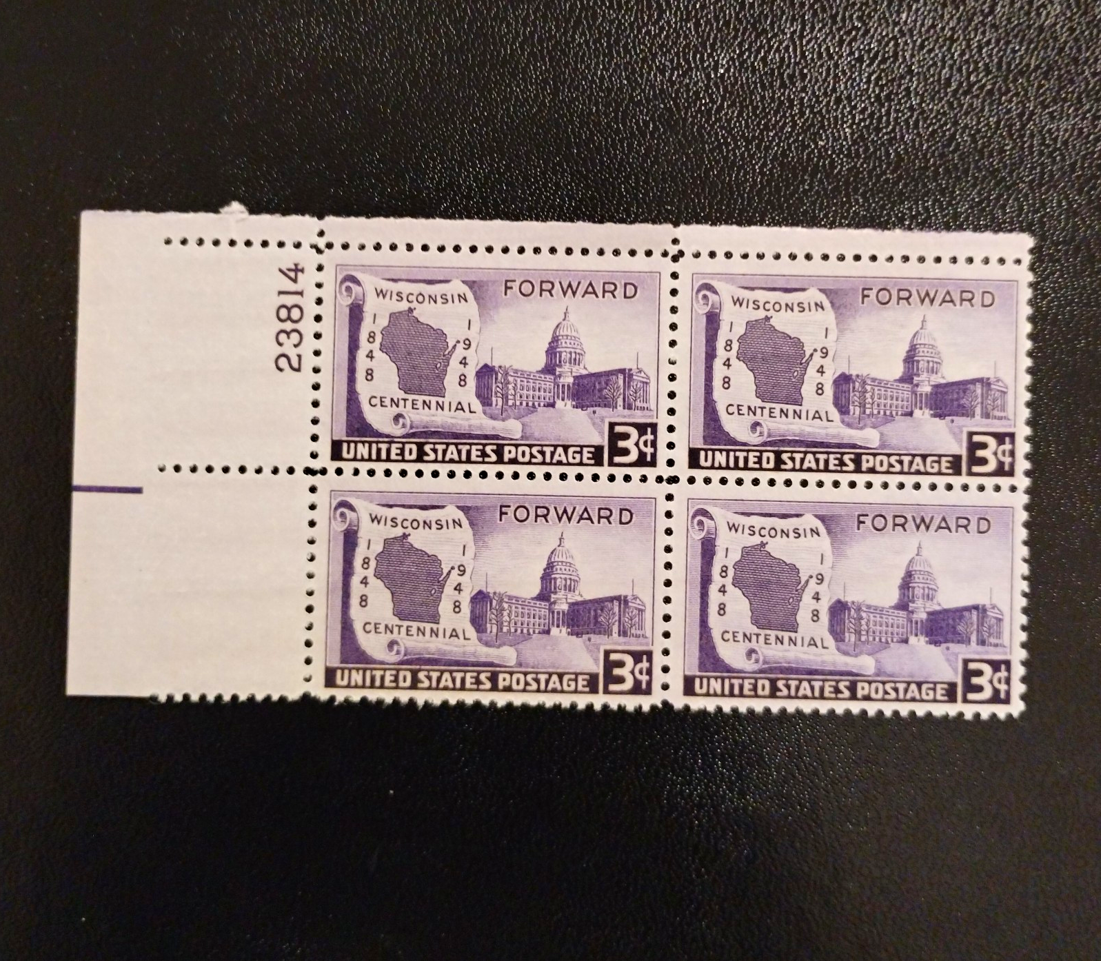 United States Wisconsin Centennial 3¢ Violet Plate Block of 4 MNH 1948 #23814