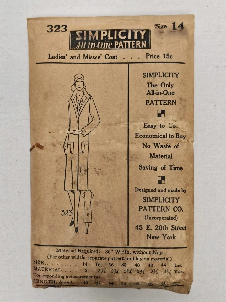 Vintage Antique Simplicity Pattern #323 1920s Coat NOS Unused SZ 14 16 36 40 42 - Image 4 of 4