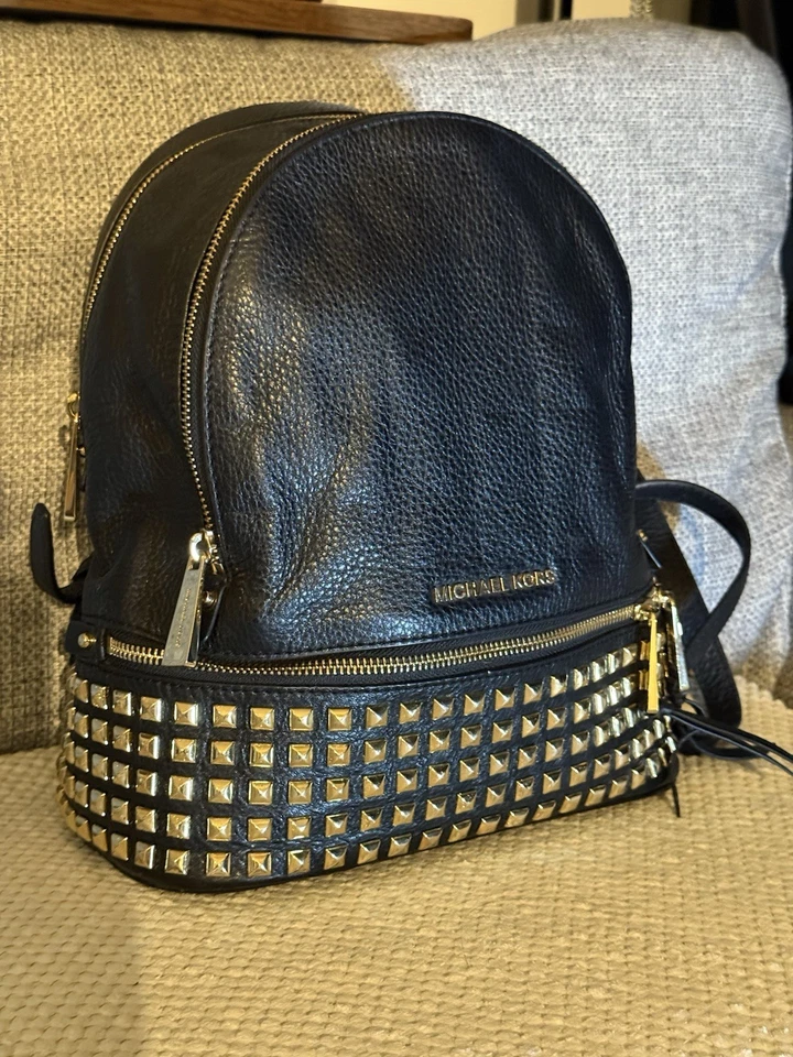 Michael Kors Black Leather Studded Backpack Gold Hardware Excellent Condition - Image 2 of 4