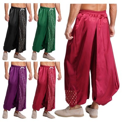 Mens Satiny Indian Dhoti Pants Elastic Waistband Loose Harem Pants Thai Trousers