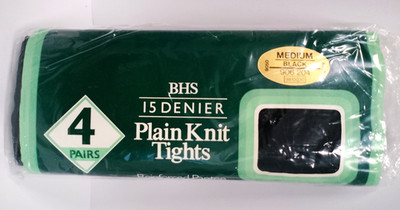 BHS 1980s Vintage 15 Denier Black Plain Knit Nylon Tights 2 Pr Part Pack Medium
