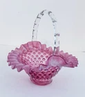 Fenton Cranberry Pink Opalescent Color Art Glass Hobnail Basket Clear Handle 7"