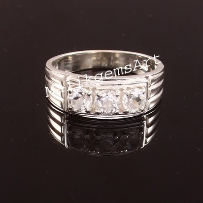 Natural White topaz Handmade Gemstone with 925 Sterling Silver Men Band Ring #8