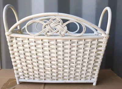 Vintage 1960s White Wicker Magazine Rack - Celtic Knot Design - Retro Home Decor - Image 1 of 4