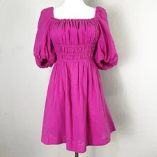 Anthropologie Maeve Puff Sleeve Pink Milkmaid Smocked Mini Dress Resortwear XS