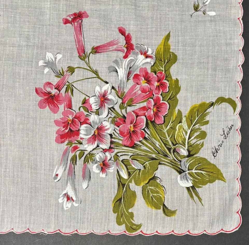 Pañuelo firmado por Chris Fisher Hankie de colección flores rosas florales bordes festoneados Foto 4 de 4