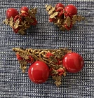 MIRIAM HASKELL Red Bead & Cabochon-gold Leaves Vintage Brooch + Earrings