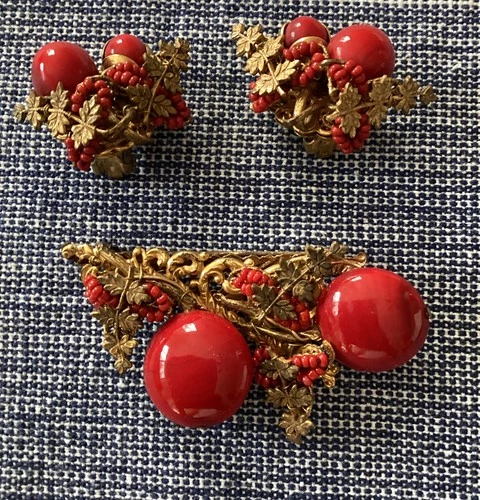 MIRIAM HASKELL Red Bead & Cabochon-gold Leaves Vintage Brooch + Earrings