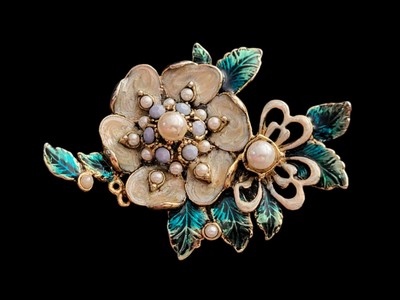 Monet, Vintage, signierte goldfarbene Blumenbrosche, Emaille und Kunstperlen 