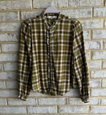 LOFT Womens Plaid Ruffle Check Button Up Shirt, Size XS