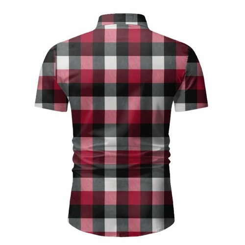 Camisa A Cuadros Roja Para Hombre Moda Corta Clásica Elegante Fiesta Con Botones - Bild 10 von 12