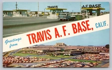 Postcard CA View Travis Airforce Base Front Gate Military Police Banner MATS J1