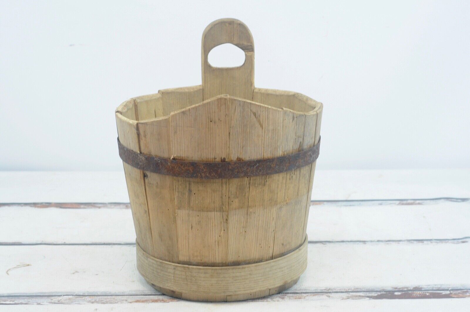Early Antique Primitive Wood Piggin Wooden Slat Wood Iron Banding Wood Bucket #8