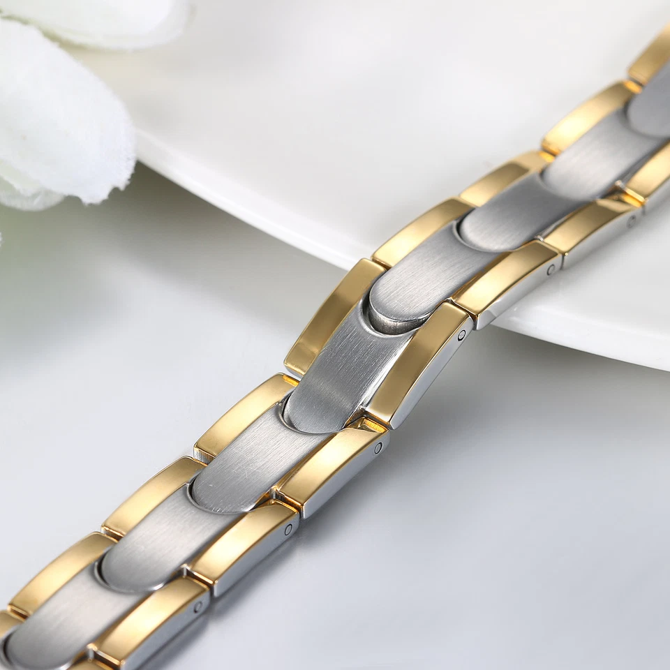 Cadena pulsera de terapia de poder de salud magnética de acero inoxidable dorado plateado para hombre Foto 3 de 4
