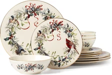 894540 Winter Greetings 12-Piece Dinnerware Set, Red & Green, 12 Count, Christma