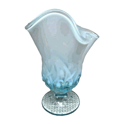 Vintage Fenton Blue Opalescent Handkerchief Ruffled Vase Lily of the Valley 6.5''