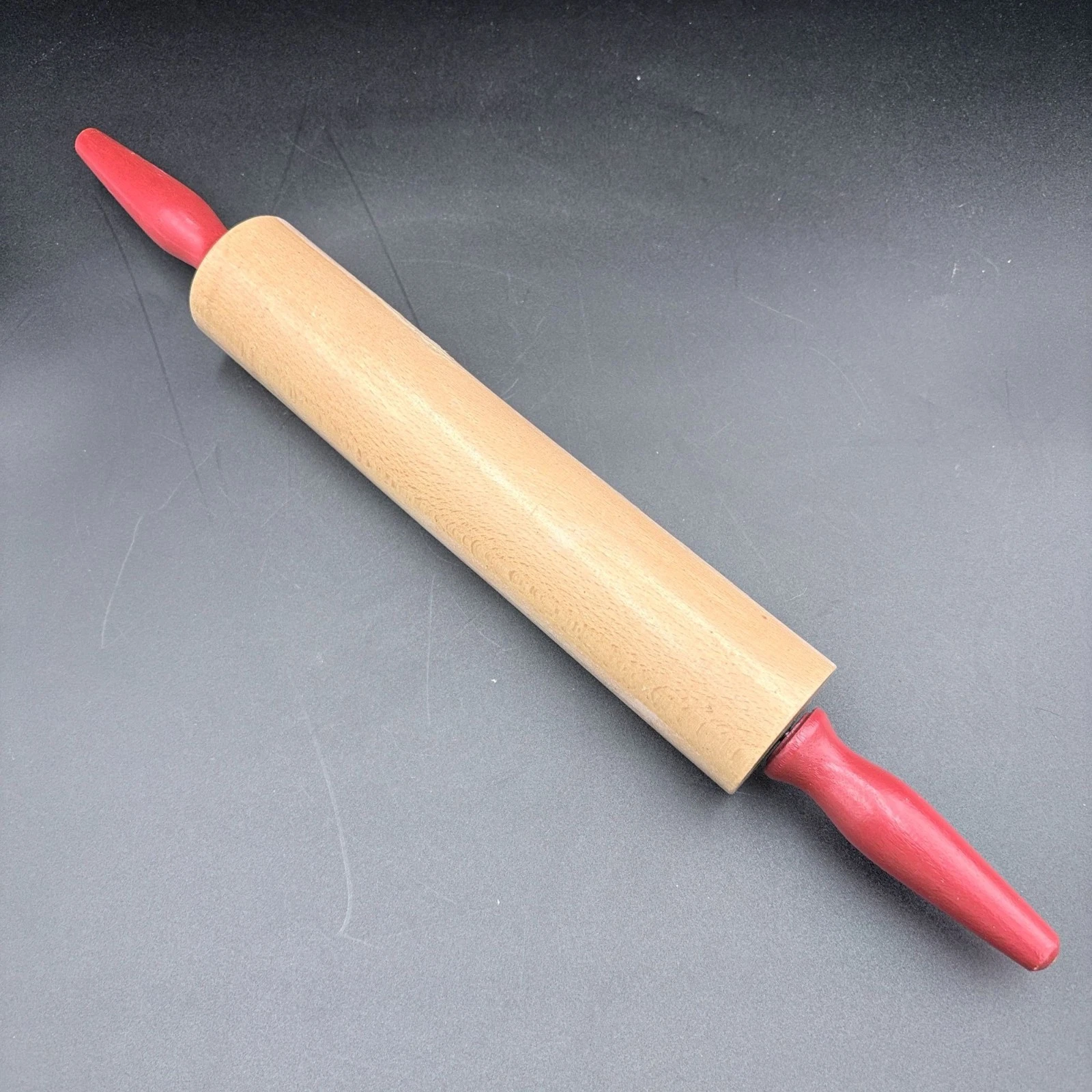 Vintage Wooden Rolling Pin Red Tapered Handles 17" Rustic Farmhouse Decor