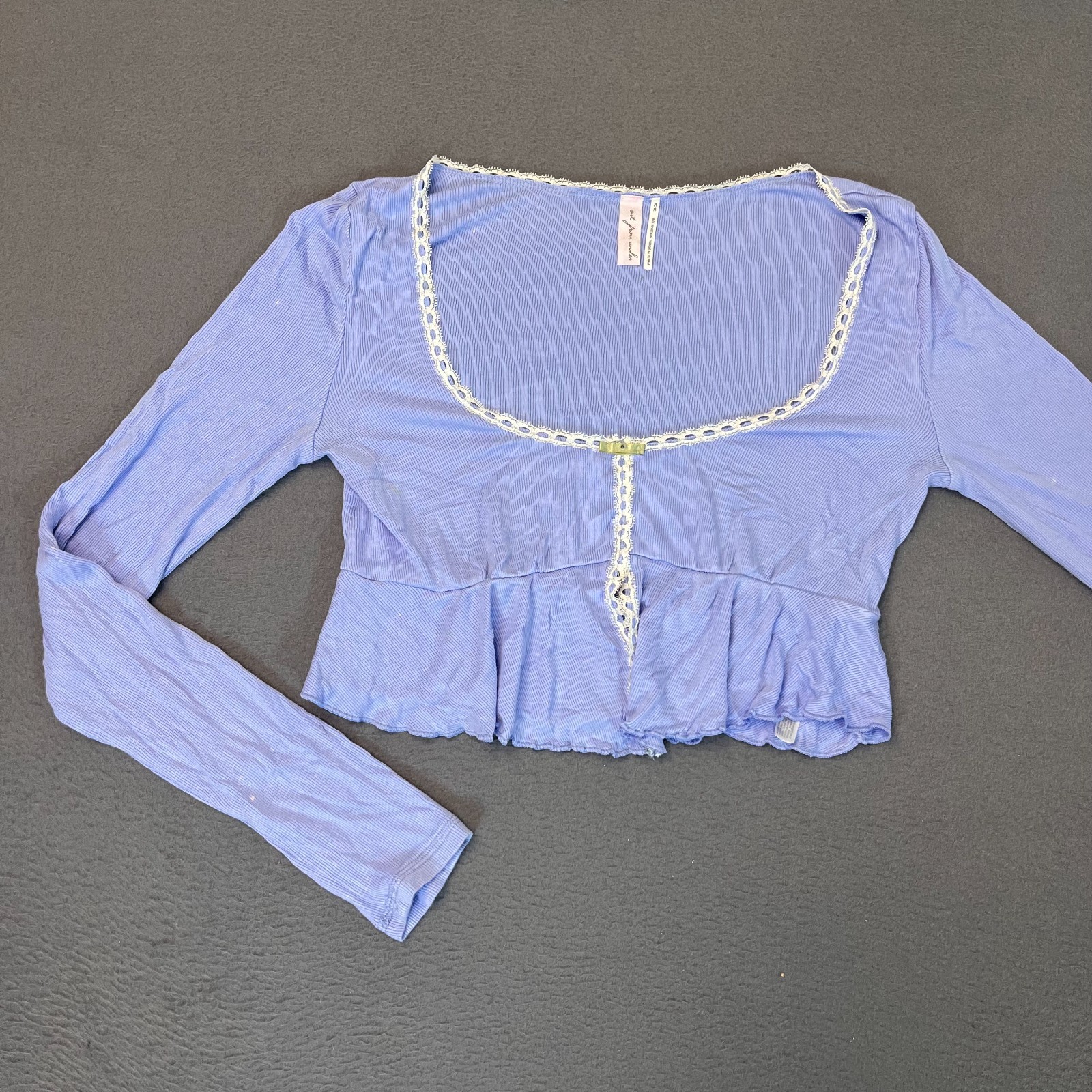 Out From Under Urban Outfitters Women Med Crop Top LS Rib White Trim Lace Purple