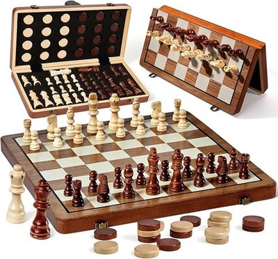 Magnetic 15x15in Wooden Chess Set Wood Board Hand Carved Crafted Folding Game