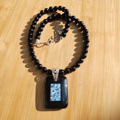 Jay King, DTR black agate necklace and black agate micro opal pendant 925,