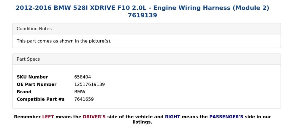 BMW 528I XDRIVE F10 2012-2016 2,0 L - Arnés de cableado del motor (módulo 2) 7619139 Foto 4 de 4