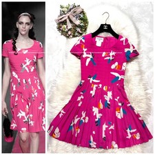 Vintage CHANEL Silk Floral Dress 34 Pink Quilted Pleated Runway SR1955