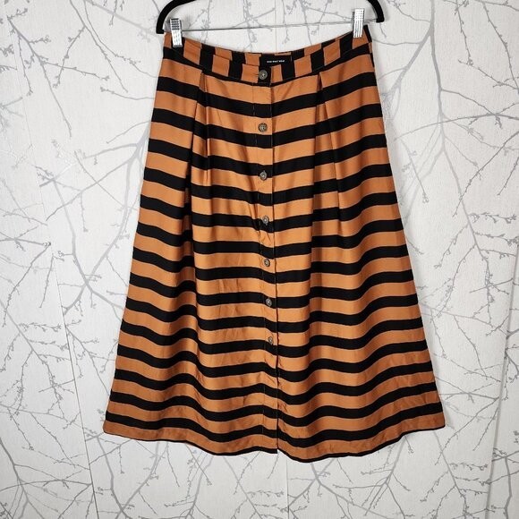 Who What Wear Orange Black Stripe Button Up Pleated Midi Skirt | Women's 10