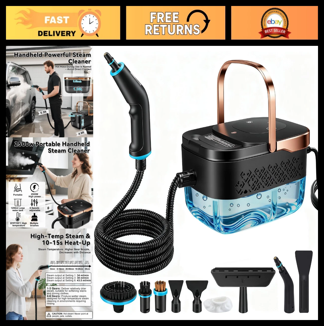 Portable 2500W Handheld Steam Cleaner - Large Capacity for Home, Car, Grout & Ti