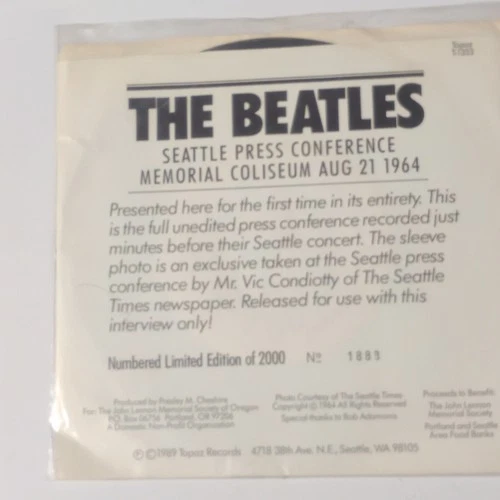 The Beatles Seattle Press Conference Vinyl 7" Single Topaz 1989 T-1353 Ltd Ed