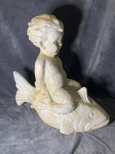 Boy Riding Fish Garden Statue White Moss 20x20x10 Fiberglass Lawn Art Decoration