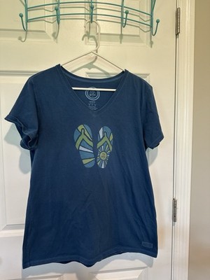 Life Is Good Shirt, Womens L, Blue Classic Fit /V Neck  Flipflop Graphic