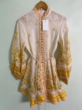 NWT Zimmermann Floral Long Sleeve Belted Linen Minidress Size 0 /US 4