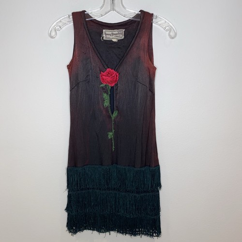 Vintage Young Edwardian Arpeja Sleeveless Fringe Mini Dress Sz 7 XS/S Glam Rare