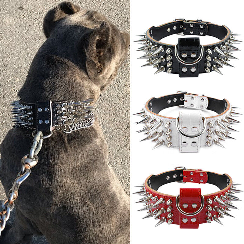 Pet Artist 2 Wide Luxury Genuine Leather Spiked Studded Dog Collars for Medium & Large Dogs,Red,M,Neck for 17-20