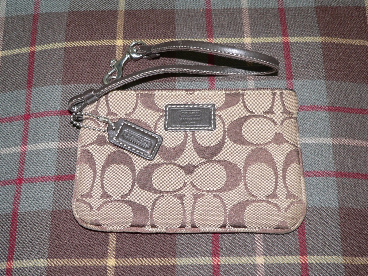 Coach Signature C Khaki Brown Leather Zip Change Purse Wristlet