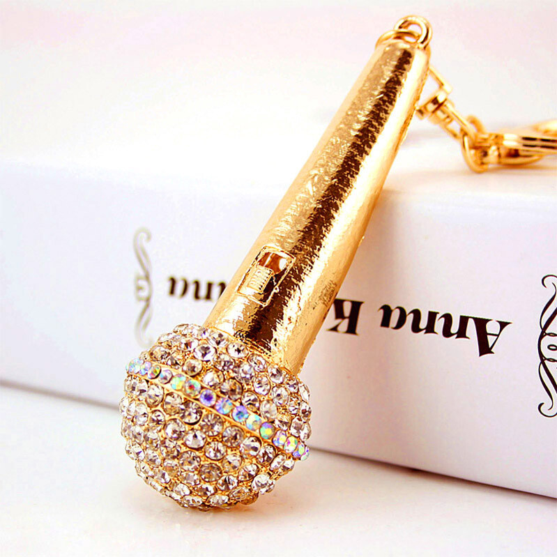 Crystal Rhinestone Microphone Car Keychain Pendant Keyring Accessory-image