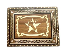 Vintage Wooden Inlaid Marquetry Box, Cross/Christianity 5+" x 4+"