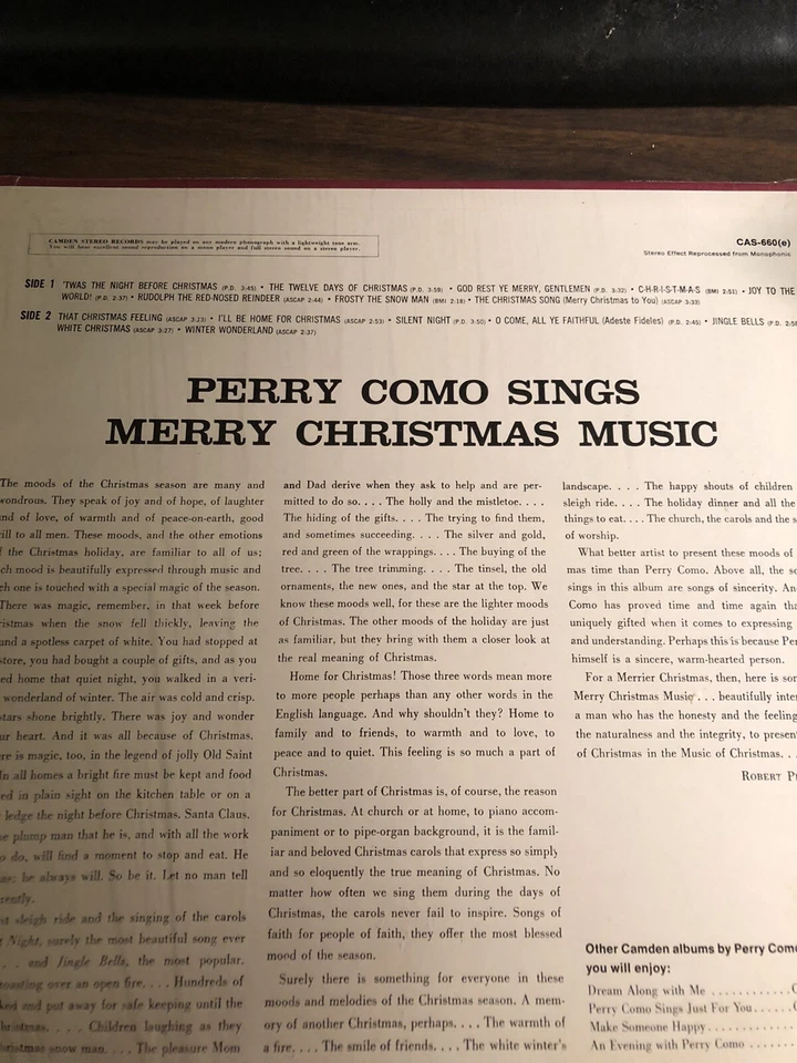 Perry Como Sings Merry Christmas Music Vintage LP - Image 3 of 4