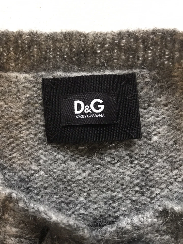 DOLCE GABBANA D&G Mujer Suéter Cárdigan Gris Lana Tejido Negro Encaje Rayas Talla M Foto 3 de 4