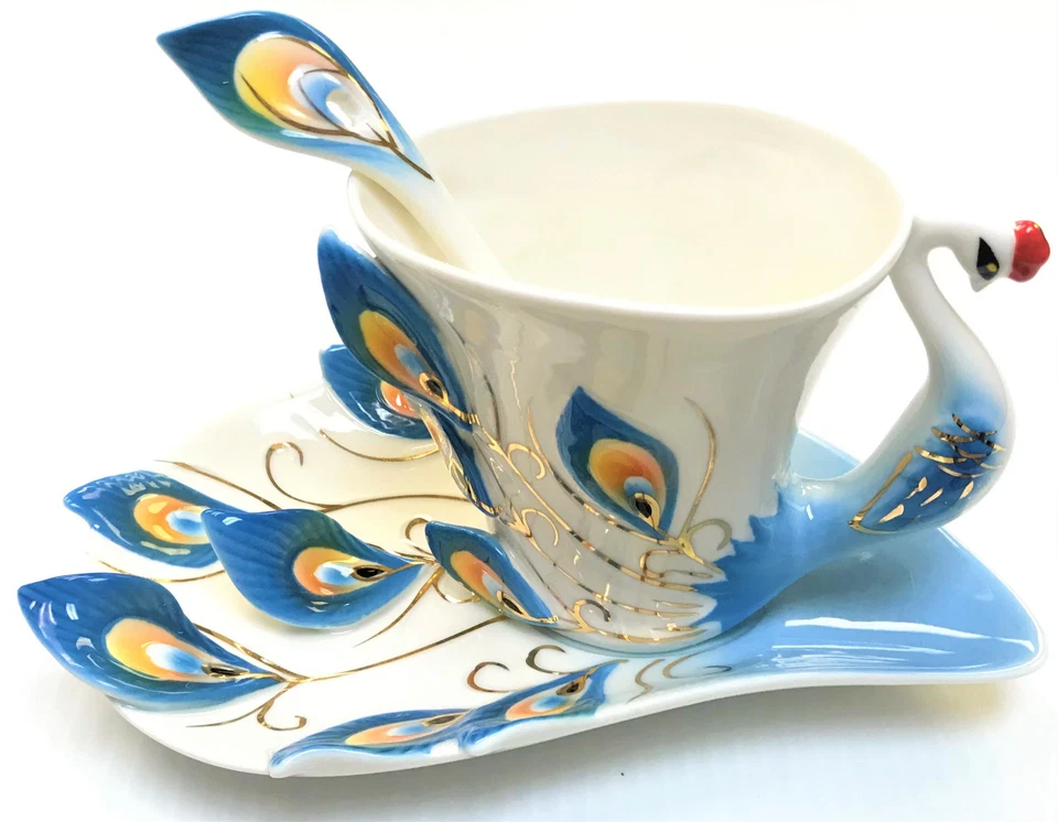 Juego de regalo de taza de té de café de porcelana de pavo real, platillo, taza, cuchara para uso diario regalo Foto 2 de 4