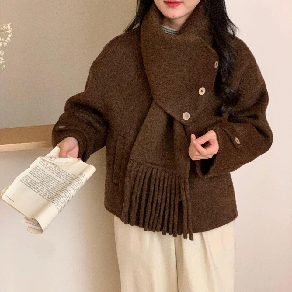 Womens Winter New Tassel Scarf V-neck Double-sided Cashmere Coat Loose Wool Coat - Image 4 of 4