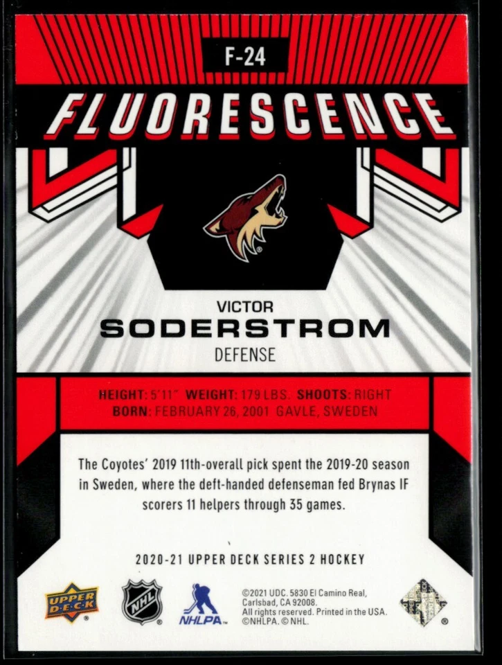2020-21 Upper Deck Fluorescence Red Victor Soderstrom #F-24 - Image 2 of 2